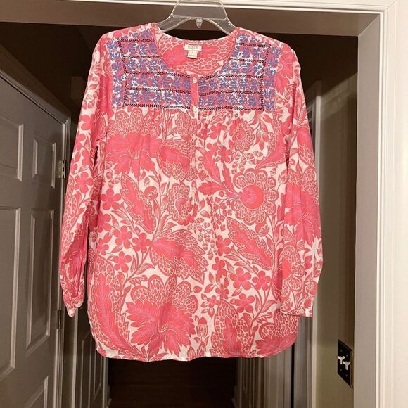 NWOT J.Crew Factory Embroidered Placket Pink Blue White Floral Top Blouse SMALL - Picture 1 of 3